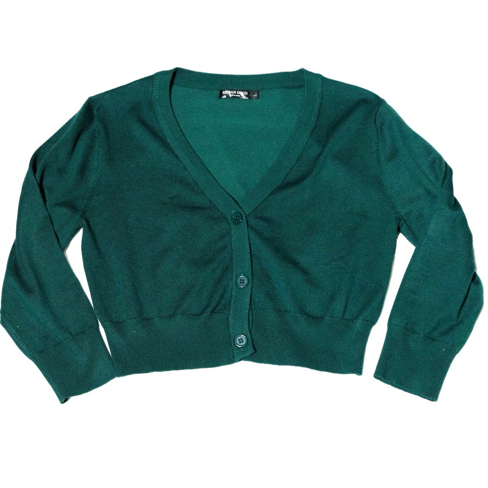 Cropped Cardigan Sweater Large Emerald Hunter Green Button Front V Neck Retro